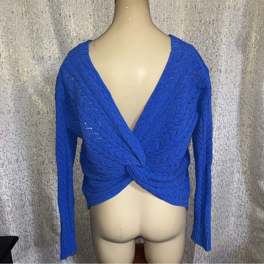 Jessica Simpson Blue Cable Knit Cropped Knotted Back Cardigan, NWT, Size M